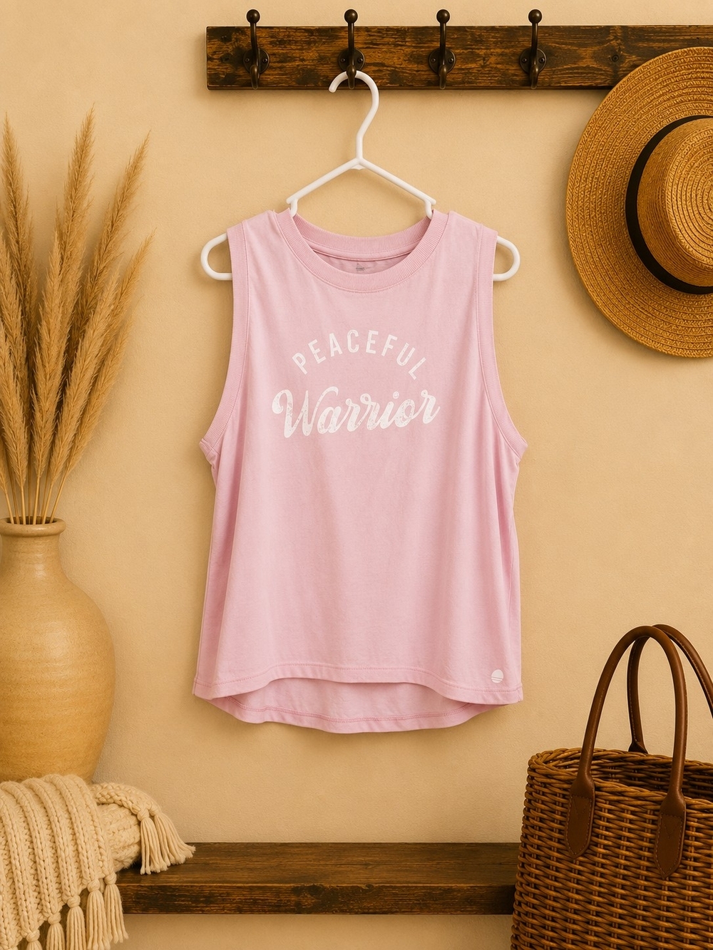 Source Unknown Pink Sleeveless Crop Tank with "Peaceful Warrior" Script